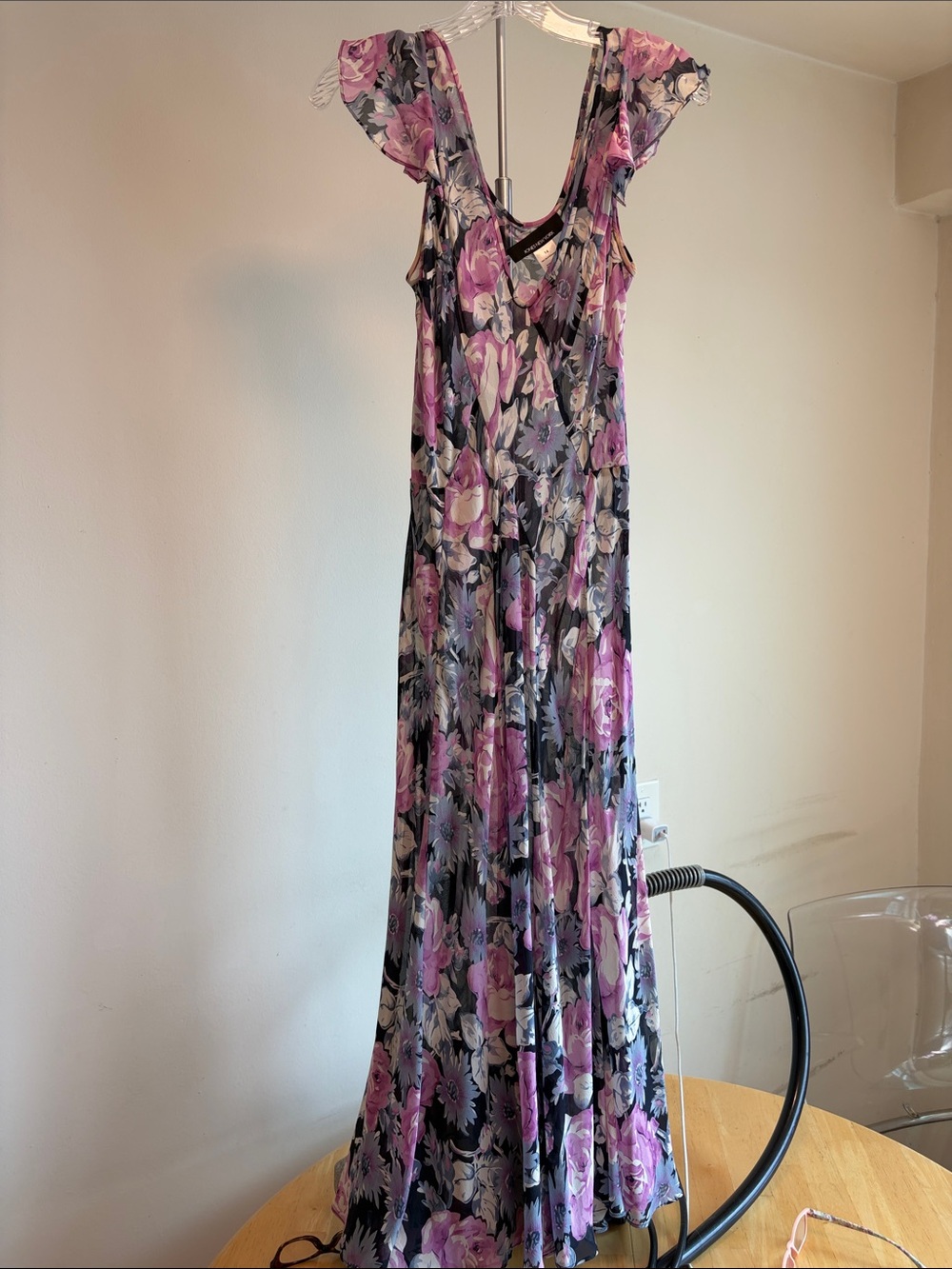 Jones New York Purple and Black Floral Maxi Bias Cut  Dress Silk 14